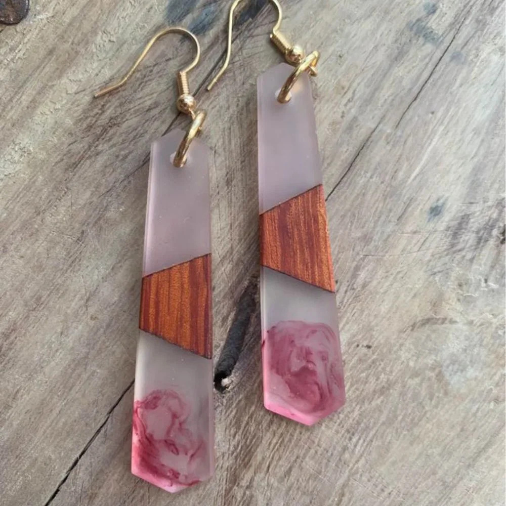 Brand new wood and resin smokey pink dangle drop earrings